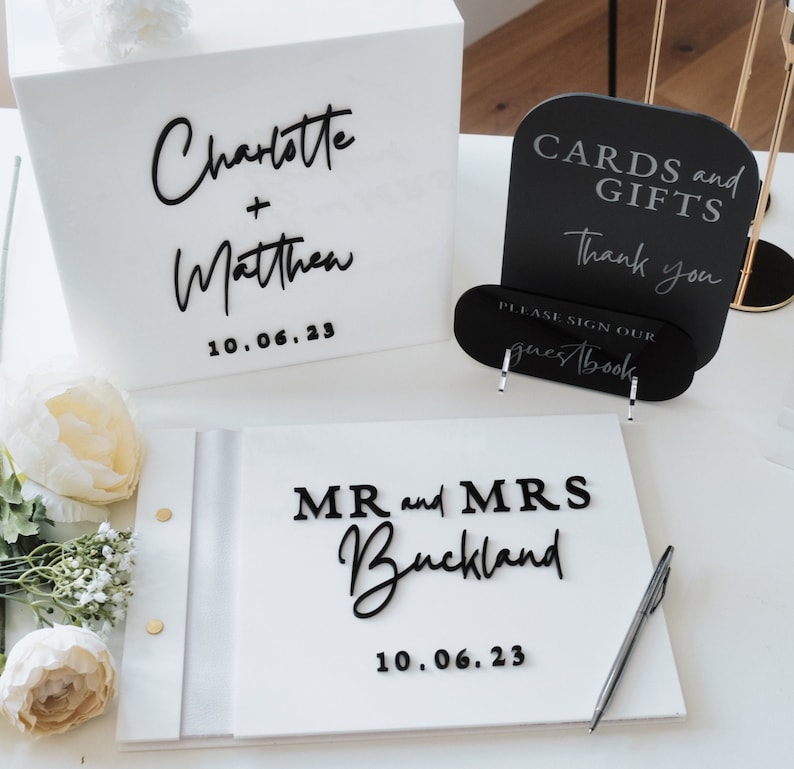 Personalized Guest Book - 白いカードボックス 結婚式用 3Dパーソナライズ カスタム 任意の色 ウェディングゲストブック、カスタマイズカードとギフトサイン