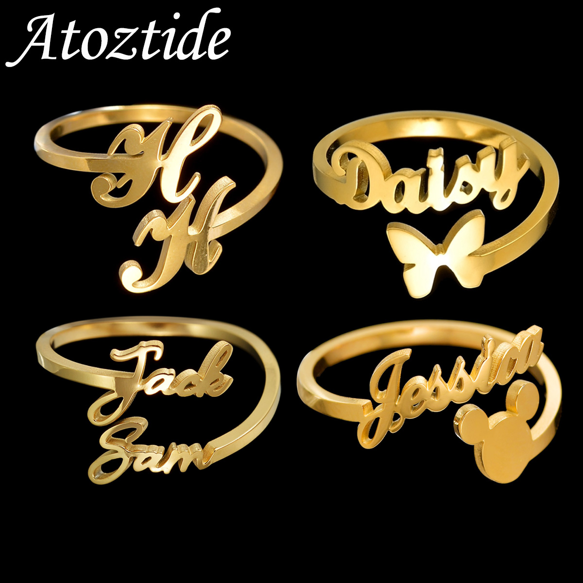 Wedding Zone - Atztide-女性のためのパーソナライズされた名前のリング,ステンレス鋼,調整可能,ハート,バタフライ,ギフト,ウェディングジュエリー