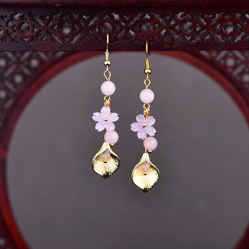 Wedding Yes - ピンク天然翡翠の花のイヤリングヴィンテージギフト女性のためのお守り本物のジュエリーチャーム高級幸運の彫刻された宝石