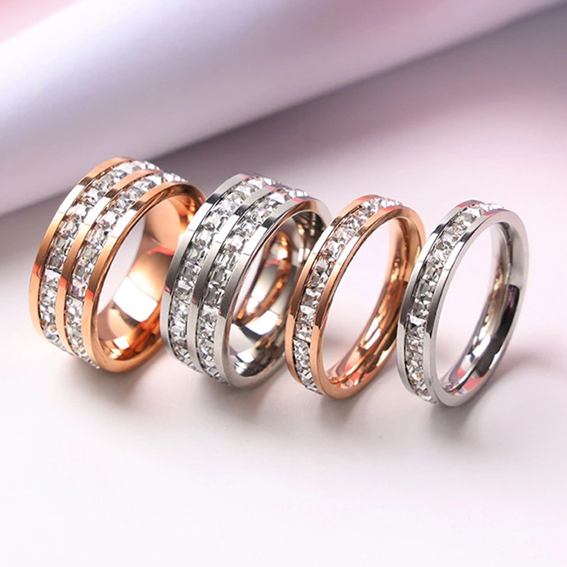 Wedding Zone - 高級ローズゴールドカラー単一二列スクエアジルコンステンレス鋼リング女性のためのロマンチックな Engageme ウェディングパーティージュエリー