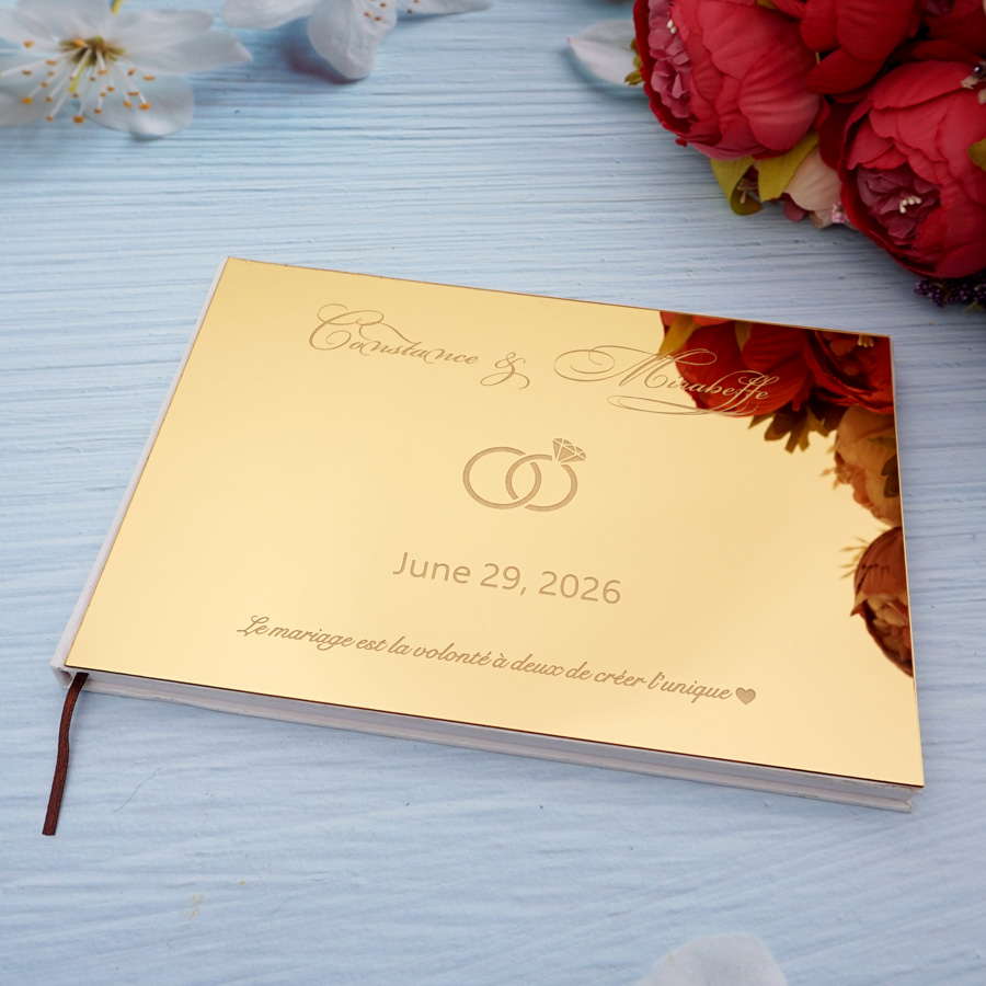 Personalized Guest Book - パーソナライズされたアクリルミラーレセプションブック、結婚式のカスタム署名ゲストブック、婚約リングデザイン、スクラップブック、パーティーの好意