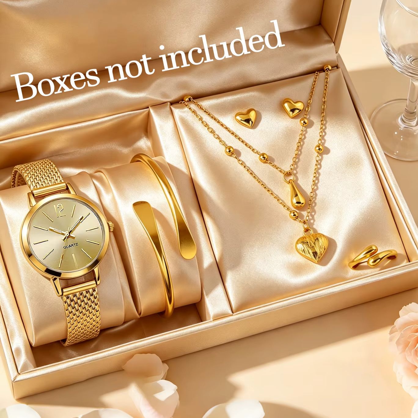 Wedding Package Gold - レディース 6点セット ゴールドウォッチ＆ジュエリーセット。プラスチック製クォーツ腕時計、ネックレス、イヤリング、リングのジュエリーセット。上品な合金製アクセサリーで、普段使い、パーティー、結婚式、お祝いの席、プレゼントに最適。様々なジュエリーの組み合わせが可能で、誕生日、結婚式、記念日などの贈り物にぴったりです。
