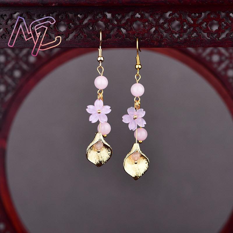 ピンク天然翡翠の花のイヤリングヴィンテージギフト女性のための - Wedding Yes のレビューと価格