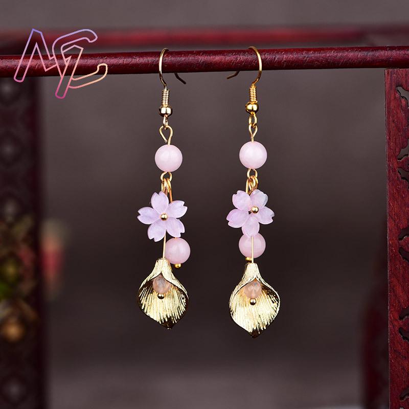 ピンク天然翡翠の花のイヤリングヴィンテージギフト女性のための - Wedding Yes のレビューと価格